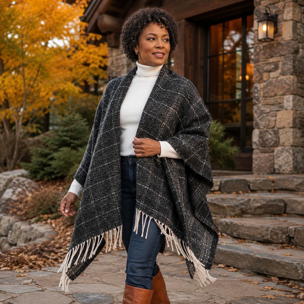 Woolrich Green Label Black Plaid Brushed Fringe Wrap Poncho OS NWT